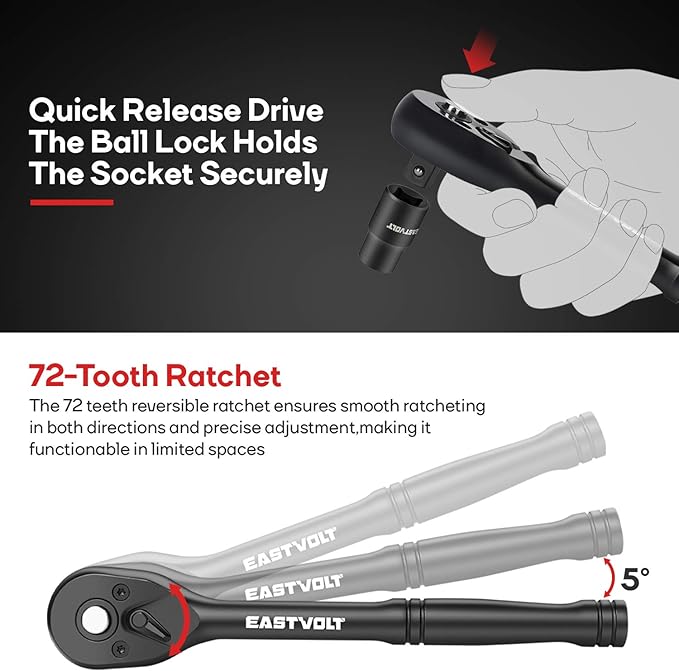 Eastvolt 46 Pieces Drive Socket Ratchet Wrench Set, Mechanic Tool Kits with 72 Teeth Reversible Ratchet, Extension Bar Set and Storage Case, Metric/SAE