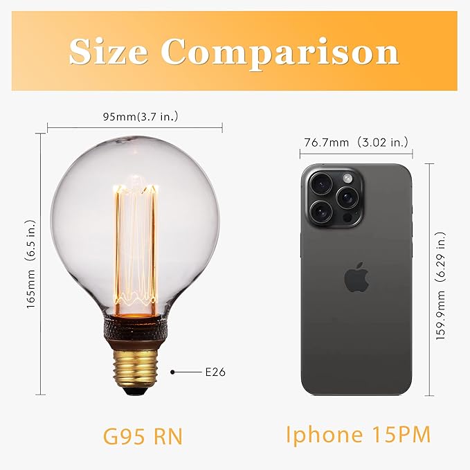 Globe Edison LED Light Bulb, Vintage Decorative Dimmable Bulb Round Glass Cover, 3.5W Low Lumen Eye-Caring Soft Dim Lighting for Mood(Not Daylight White), E26 Medium Base, Clear RN G95