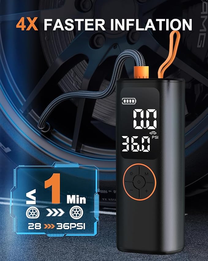 Tire Inflator Portable Air Compressor - 4X Faster Inflation Cordless Mini Air Pump with Digital Pressure Gauge with Digital Pressure Gauge/LED Light Portable Tire Inflator for Car/Moto/Bike/Ball etc.