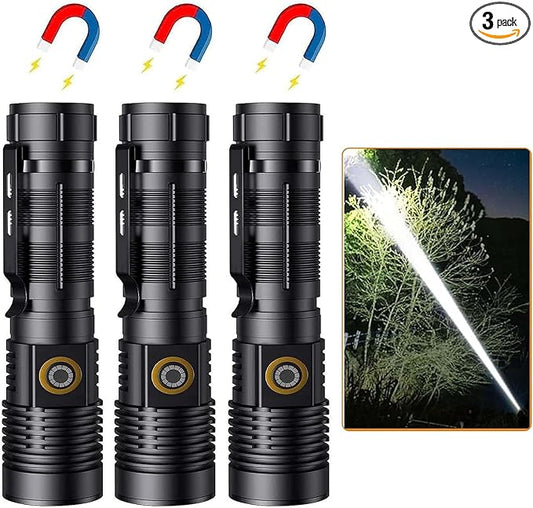 LED Rechargeable Flashlights High Lumens - 1500 Meters Long Beam Super Bright LED Magnetic Flashlight USB Zoomable 5Modes Small Long Beam Spotlight Flashlight for Hiking, Camping, 3pcs