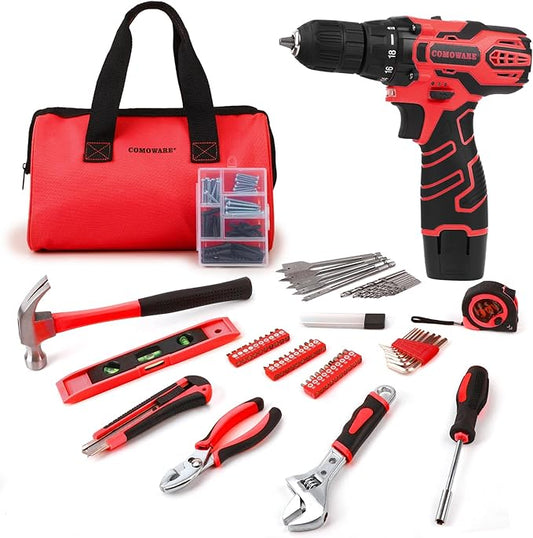 COMOWARE 169PCS Home Tool Kit with 12V Cordless Power Drill, Multi-Task for DIY Home Repair & Maintenance, Red Storage Bag Included