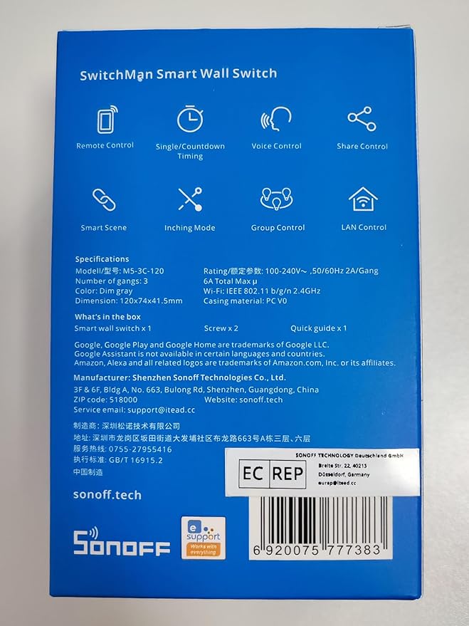 SONOFF Smart Light Switch, 2.4GHz WiFi, Neutral Wire Required Interruptor Inteligente, Voice Control with Alexa and Google Home, M5 3C