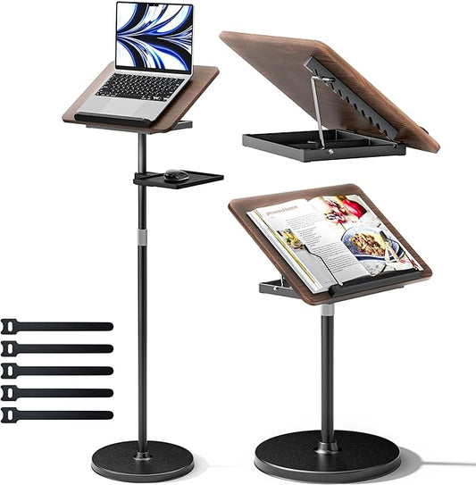 2 in 1 Adjustable Book Stand - Dual-Use Floor and Desktop Book Holder Stand, Height Adjustable 23.5-52 in, Elastic Page Clips for Music Sheet, Recipe, Tablet, Laptop-Black