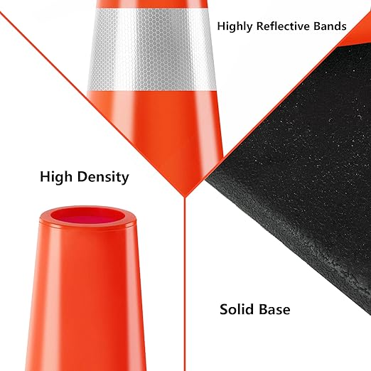 Traffic Cones 36 inch PVC Orange 4 Pack Heavy Duty Black Base Construction with Reflective Collars Fit Parking Lot,Driveway Road Traffic Control Safety Cones
