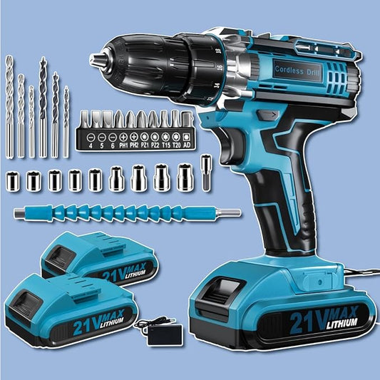Drill, 21V Cordless Drill with Dual 2.0Ah Power Pack and Charger, Electric Power Drills Set, 3/8 Inch Chuck, 25+1 Torque, 2 Speed 29 Accessories Tool for DIY, Gifts