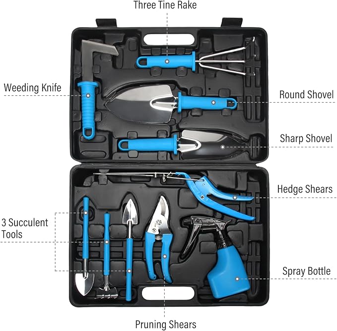 Gardening Tools Set, 10PCS Stainless Steel Gardening Planting Tools Gift Kit with Carrying Case, Trowel Rake Weeder Pruner Shears Sprayer Gardening Set