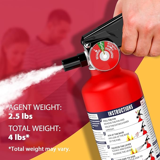 ABC Fire Extinguisher for Home & Vehicle - 2.5 lb 1-A:10-B:C Rated, Dry Chemical Fire Safety with Quick-Release Handle, Certified for Kitchen/Car/Boat Use (Model FF1KG)
