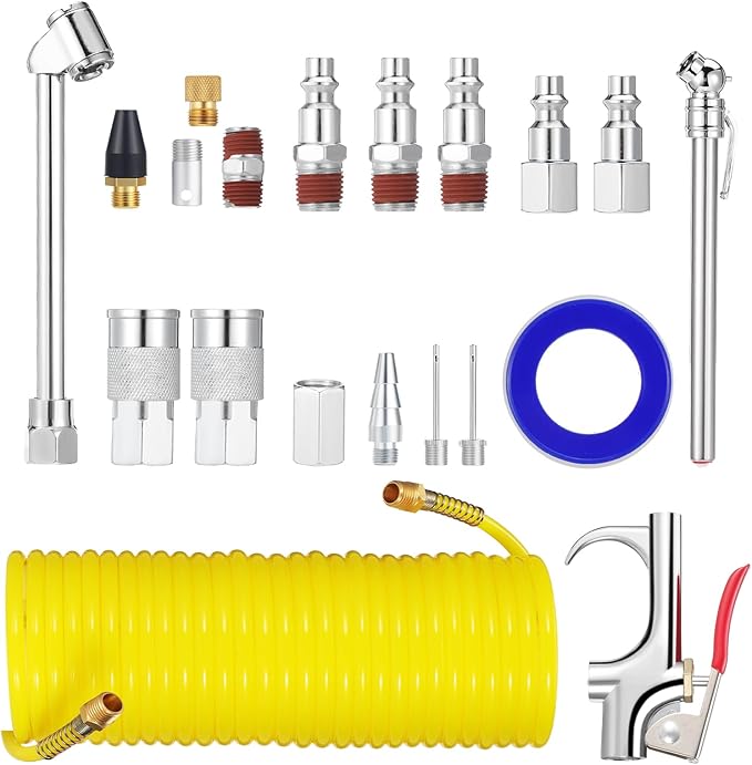 20PCS Air Compressor Accessory Kit with Hose, Air Compressor Tool Includes Recoil Air Hose, Air Duster Blow Gun and Nozzles, Air Compressor Fitting