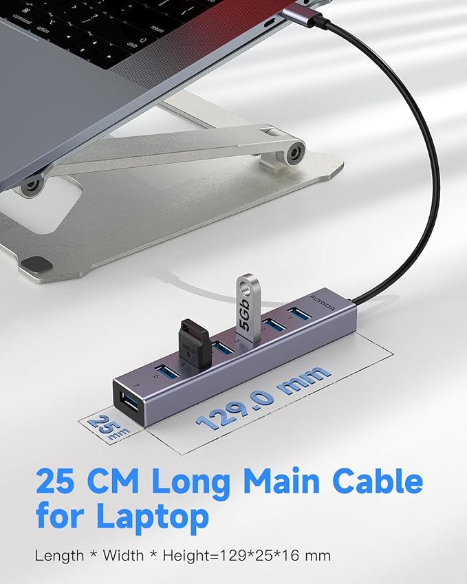 FORIDA USB C Hub, 8 Ports USBC HUB with 7 USB 3.0 Data Ports, Aluminum Alloy Shell USBC Splitter with USB C 5V/3A Power Port Compatible with MacBook, iPad, Surface Pro, XPS, PC and More