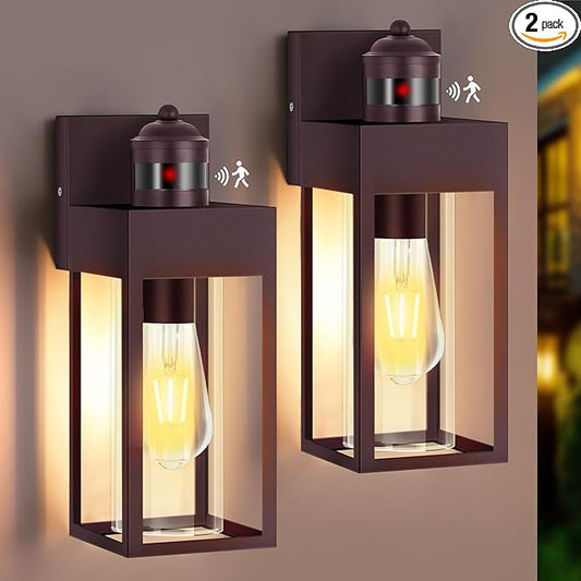 Motion Sensor Outdoor Wall Lanterns 2 Packs, Dusk to Dawn Exterior Light Fixture, 3 Lighting Modes, Waterproof Front Porch Lights for Garage Patio Garden House Entryway, Bronze.