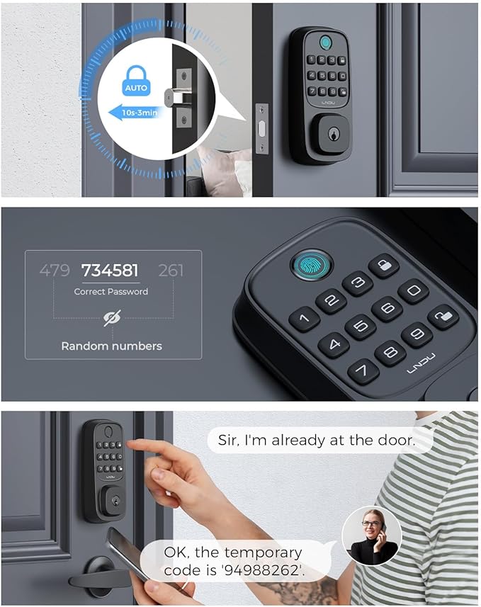 Smart Lock, LNDU Wi-Fi Keyless Entry Door Deadbolt Lock with HandleSet, Supports Fingerprint, Amazon Alexa, Google Assistant, App Control, Auto-Lock, One-Time Code, Anti-Peeking Password
