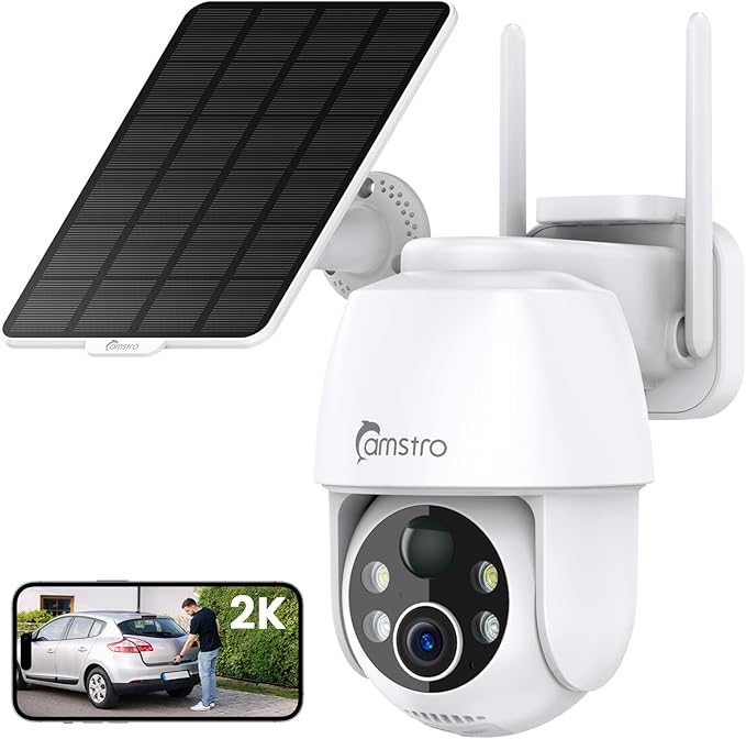 2K Solar Security Camera Wireless Outdoor, 2.4G WiFi & 360˚PTZ Camera, Color Night Vision, Motion Detection, 2-Way Audio, Solar-Powered Battery, Alexa/Google Assistant, SD Card/Cloud Storage