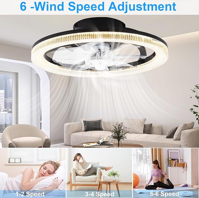 Ceiling Fans with Lights and Remote, 15.7"Flush Mount Ceiling Fan, 6Wind Speeds Low Profile Ceiling Fan with Light, Dimmable LED Fan Light, Modern Smart Leafless Ceiling Fan for Bedroom(Black)