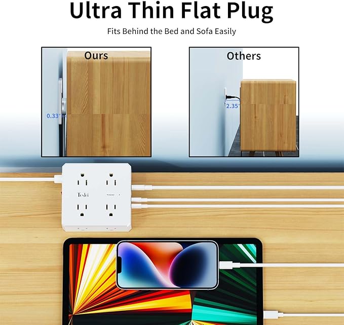 6 Ft Flat Extension Cord, Tcstei Ultra-Thin Flat Plug Surge Protector Power Strip, 3-Sided Outlet Extender, 8 AC Outlets and 4 USB Ports(1 USB C) for Home, Office, Dorm Room Essentials, ETL, White