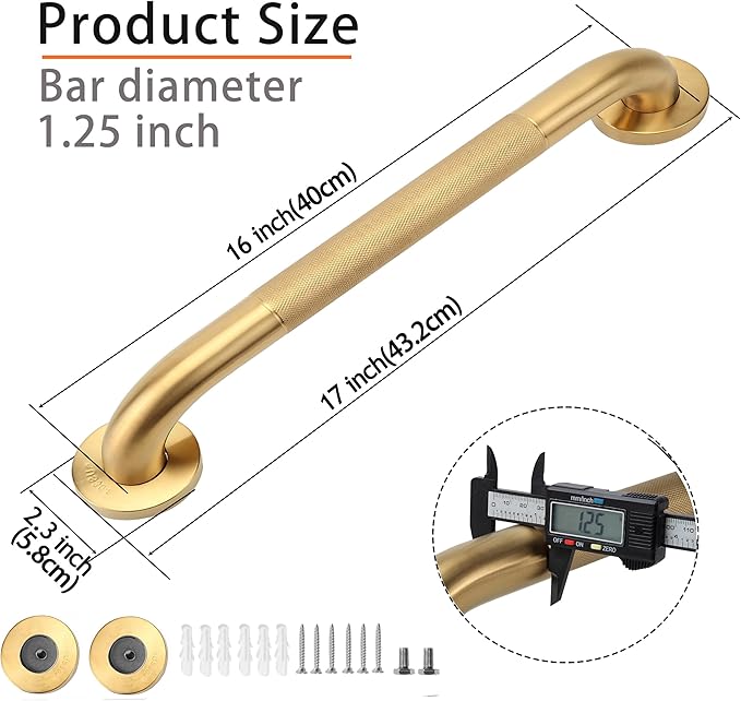 Shower Grab Bar, 2 Pack 16 Inch Gold Bathroom Grab Bar, 1.25" Diameter 304 Stainless Steel Anti-Slip Grab Bars for Bathtubs and Showers, Handicap Shower Grab Bar for Seniors Elderly