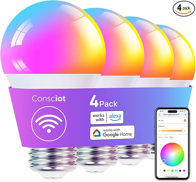 Consciot Smart Light Bulbs, WiFi Color Changing Light Bulb, LED Light Bulb That Compatible with Alexa & Google Home, A19 E26 Smart Bulb 60 watt Equivalent, Music Sync, Dimmable Smart LED Bulb, 4 Pack
