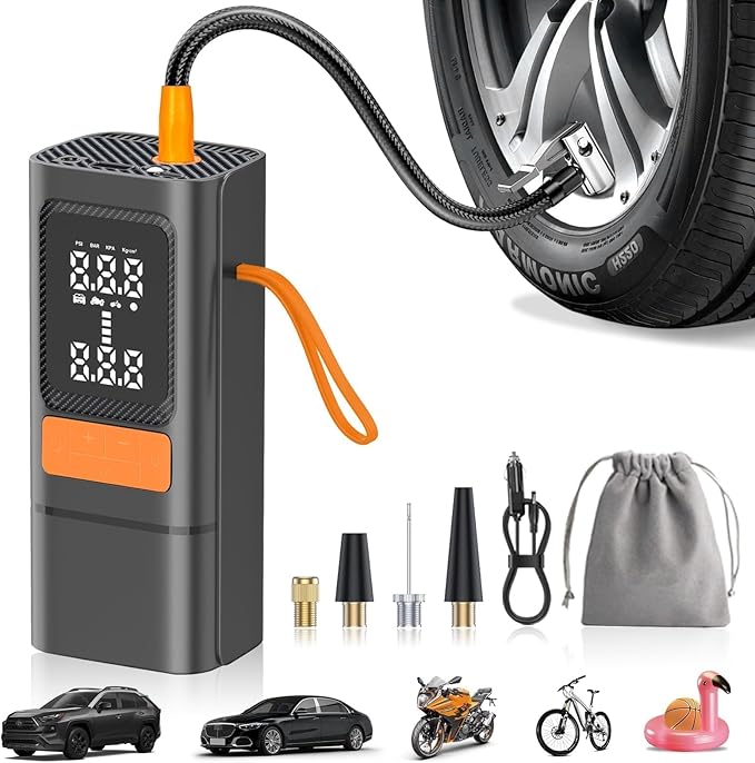Tire Inflator, Portable Air Compressor for Car with Touch Screen, 150PSI Cordless, Fast Inflation (0-2.5BAR in 10min), Power Bank & LED Light, Auto Shut Off for Bike, Motorcycle, Ball
