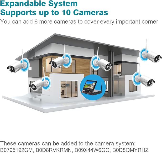 10CH Expandable Wireless Security Camera System with 10.1" Monitor 4pcs 5MP Indoor Outdoor Camera 1-Way Audio Night Vision Motion Detection Home Business CCTV Surveillance 1TB HDD