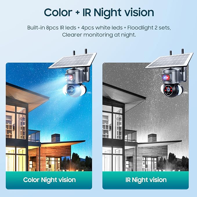 Solar Security Cameras Wireless Outdoor,Remote 2K WiFi 360° View Wireless Solar Powered Cameras for Home, PIR Motion Sensor Floodlight with Siren Color Night Vision