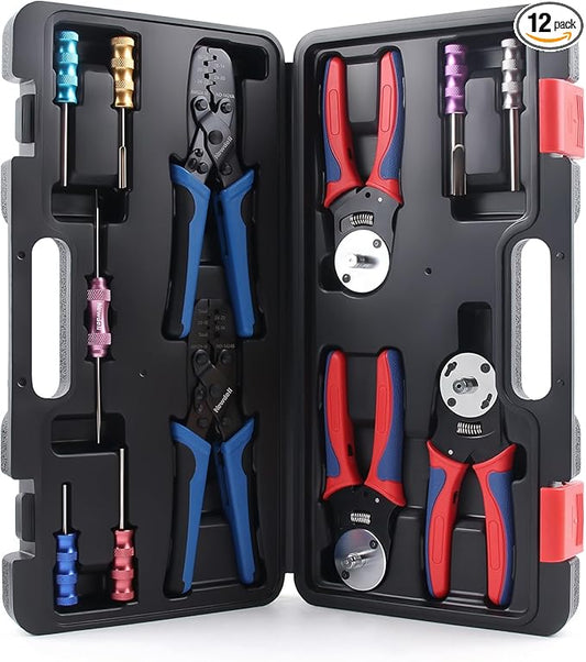Newdeli 12Pcs Deutsch Crimp Tool Kit Weather Pack Crimpers Close Barrel & Open Barrel Crimper with Deutsch Pin Removal Tool Wire Crimping Connector Tool for DT Solid Contacts Molex Delphi Terminals