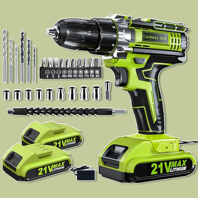 Drill, 21V Cordless Drill with Dual 2.0Ah Power Pack and Charger, Electric Power Drills Set, 3/8 Inch Chuck, 25+1 Torque, 2 Speed 29 Accessories Tool for DIY, Gifts