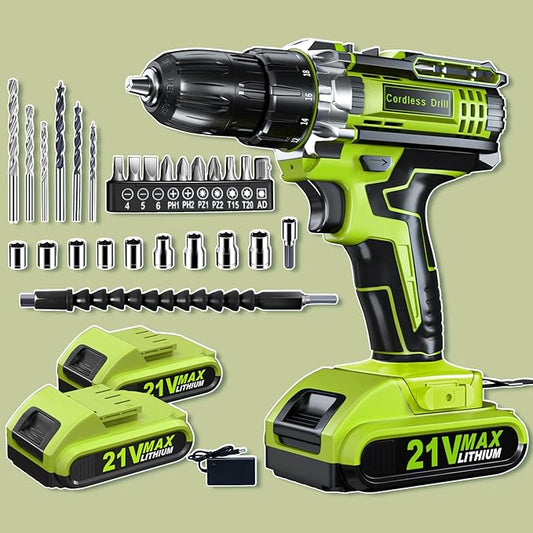 Drill, 21V Cordless Drill with Dual 2.0Ah Power Pack and Charger, Electric Power Drills Set, 3/8 Inch Chuck, 25+1 Torque, 2 Speed 29 Accessories Tool for DIY, Gifts