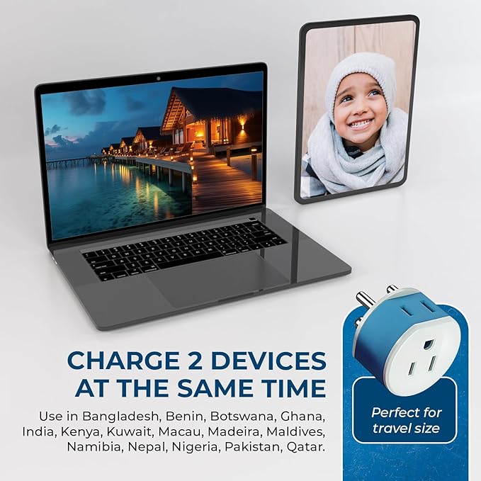 OREI India, Nepal, Maldives Power Plug Adapter with 2 USA Inputs - Travel 3 Pack - Type D (US-10) Safe Grounded Use with Cell Phones, Laptop, Camera Chargers, CPAP, and More