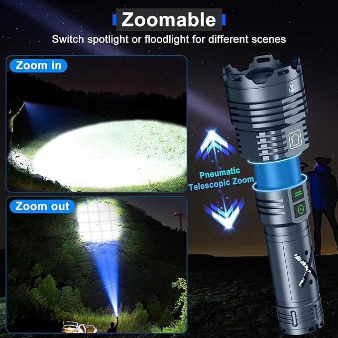 Rechargeable LED Flashlights 1520,000 High Lumens,High Powered Flashlight Super Bright,Handheld Tactical Flashlight With Waterproof, 6 Modes, Zoomable, Powerful Flashlights for Camping Home Emergency