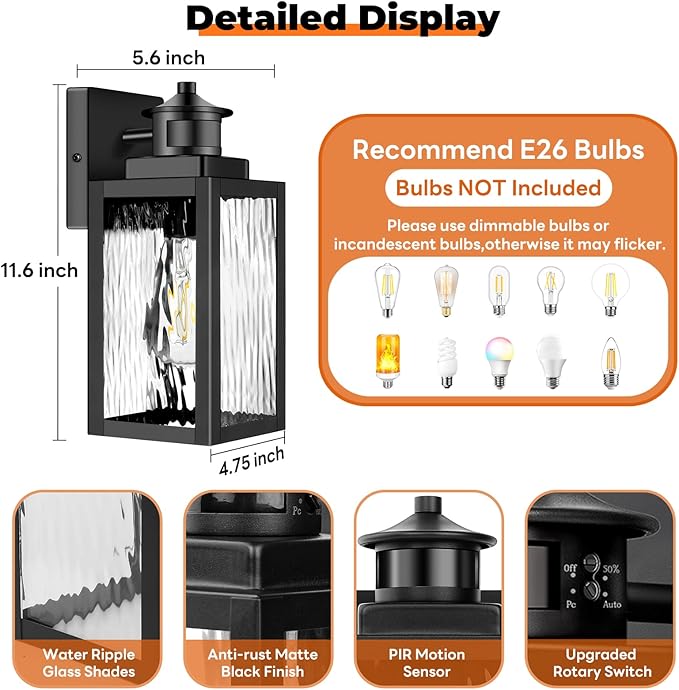 Brightever Motion Sensor Outdoor Lights Fixture, Dusk to Dawn Exterior Porch Light Wall Mount with Water-Rippled Glass, Black Modern Outside Wall Sconce Lanterns for House, Garage, Bulbs Not Included