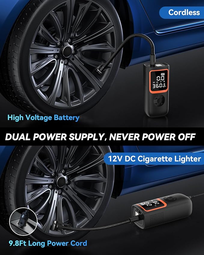 Tire Inflator Portable Air Compressor - 150PSI Cordless Air Pump for Car Tires with Pressure Gauge & LED Light, 3X Faster Inflation Electric Air Compressor for Car Bikes, Motorcycle, Ball