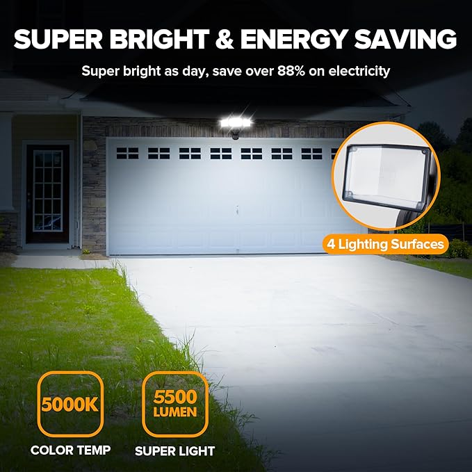 UME 2 Pack 5500LM LED Security Lights Motion Sensor Light Outdoor, 49W, 5000K Daylight, IP65 Waterproof, Dusk to Dawn, 3 Head Motion Detected Flood Light for Garage, Yard, Porch (Black)
