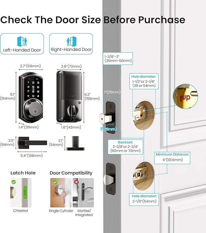 Veise VE06-L Smart Locks with 2 Lever Handle Set, App Control, Keyless Entry Deadbolt for Front Door, Electronic Digital Touchscreen Keypad, Auto Lock, Waterproof, Easy Installation, Matte Black