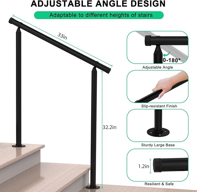 2 Pack Handrails for Outdoor Steps,2 to 3 Steps HandRail Outdoor Stair Railing, Metal Porch Railing, Deck Hand Rail, Black Wrought Iron Railing with Installation Kit for Concrete Steps