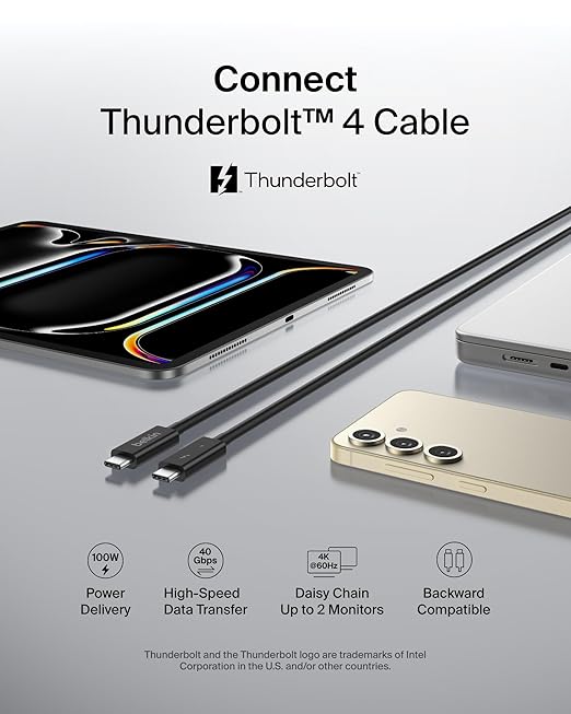 Belkin Thunderbolt 4 Cable (1M, 3.3ft Power Cable), USB-C to USB-C Cable w/ 100W Power Delivery, USB 4 Compliant, Compatible with Thunderbolt 3, MacBook Pro, eCPU & More - Intel Thunderbolt Certified