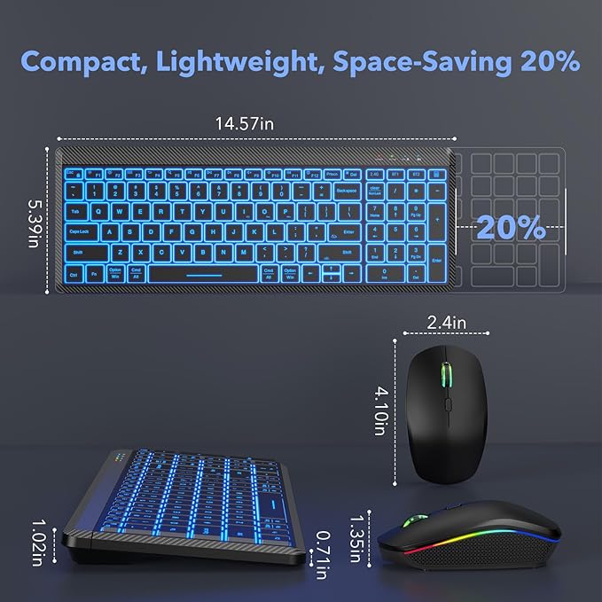 Wireless Keyboard and Mouse Bluetooth, Multi-Device Mini Keyboard, Switch up to 3 Devices, Slim Portable Travel Backlit Cordless Set, RGB Silent Mouse, for Mac, Windows, iOS, Android, Ipad - SABLUTE