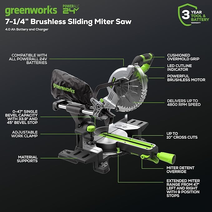 Greenworks 24V Brushless 7-1/4" Sliding Compound Miter Saw Kit, 4800RPM, Single Bevel 0-47°, LED Cut Line, Dust Collection, 4.0Ah Battery & Charger Included