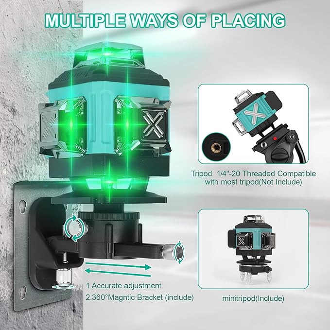 16 Lines Laser 360 Level Self Leveling, 4x360° Professional 4D Green Cross Line laser Level for Construction and Picture Hanging with 2 Batteries,Magnetic Bracket & Remote Control