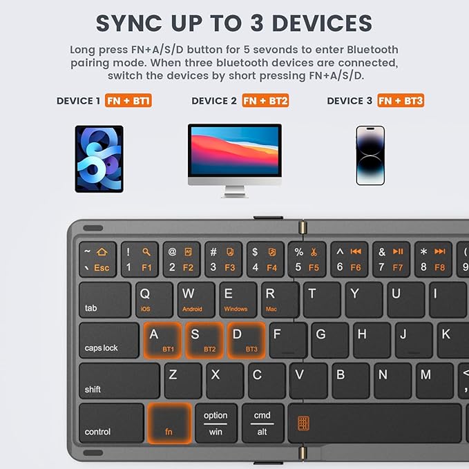 Foldable Bluetooth Keyboard, Portable Full Size Folding Keyboard with Touchpad, Numeric Keypad, PU Leather, Wireless TravelKeyboard for Windows Android Mac(Sync up to 3 Devices)