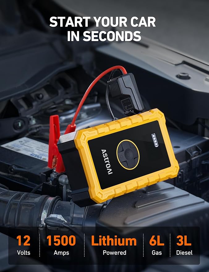 AstroAI S8 Air Jump Starter with Air Compressor, 1500A Car Battery Jumper Starter Portable (6.0 Gas/3.0L Diesel) with 150PSI Cordless Auto-Shutoff Tire Inflator, 12V Battery Charger Booster(Yellow)