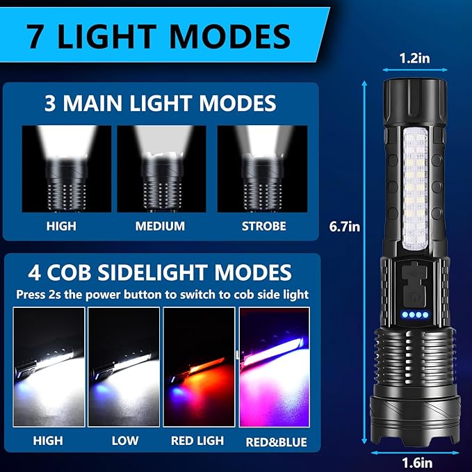 Rechargeable LED Flashlights, 90,000 Lumens Super Bright Handheld Flashlight, 7 Modes with COB Work Light, IPX6 Waterproof, Adjustable Tactical Flash Light for Home,Camping and Emergencies-2 Pack