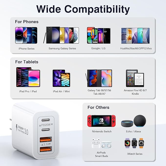 [3-Pack] USB C Wall Charger, 40W Fast USB C Charger Block, 4-Port PD+QC Wall Plug Power Adapter Multiport Type C Charging Block for iPhone 16/15/14/13/12/Pro Max, iPad,Samsung,AirPods4,Watch10,Ultra2