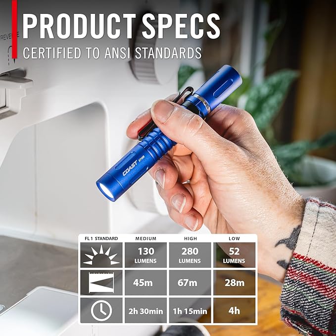 COAST XT10R 280 Lumen USB-C Rechargeable Pocket Flashlight/Penlight with TWIST FOCUS and Two-Way Clip, 3 Bite Caps included, Pocket Size for EDC, Work and Emergencies, BLUE