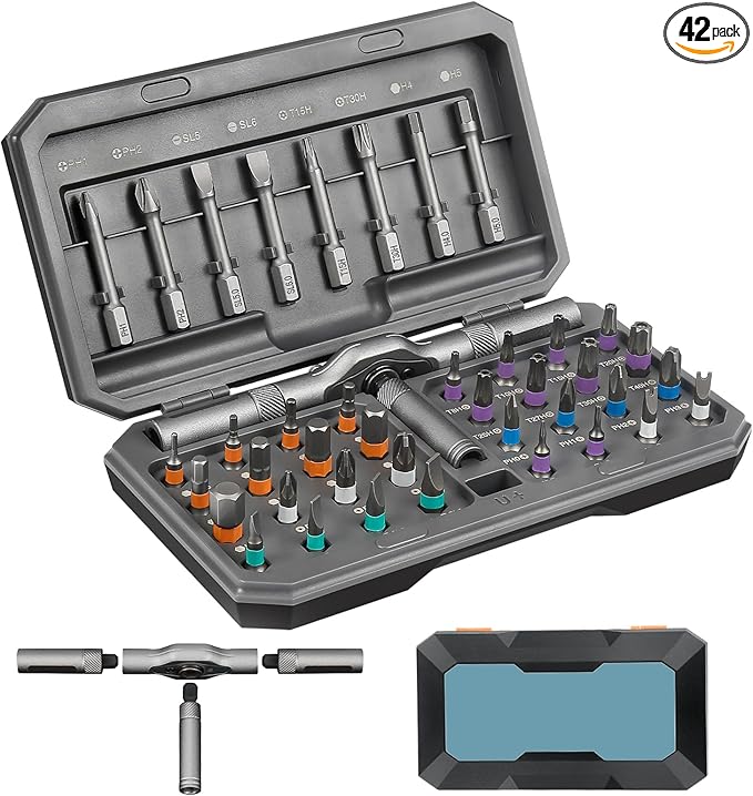 42 in 1 Magnetic Screwdriver Set, Multi Bit Magnetic Ratcheting Screwdriver Set with Detachable Ratchet Handle, Repair Tool Kit for Bicycles, Watch, Ring Doorbell, Computer, Eyeglass and Furniture