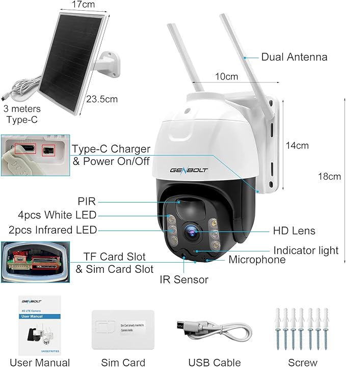 GENBOLT 4G LTE Cellular Solar Security Camera Outdoor Wireless, 8W 15600mAh Battery Operated Surveillance Camera No WiFi, PTZ IP Camera System with SIM Card, PIR Siren Alarm with Humanoid Detection