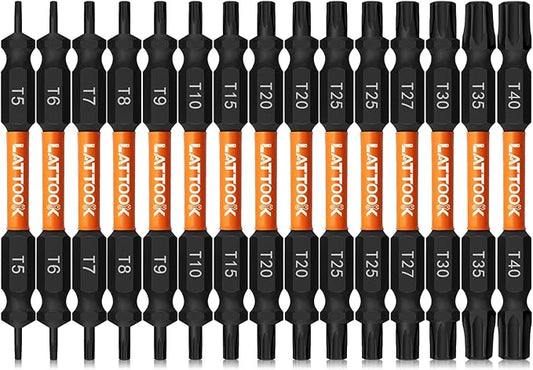 15-Piece Torx Bit Set, LATTOOK Double-ended Security Torx Bit Set Tamper Proof Star Bits, Magnetic S2 Steel, 3'' Long