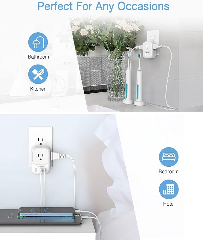 USB Wall Charger, TESSAN Wall Plug Adapter Outlet Extender, 3 Charger Block (1 USB C Port), Multi Charging Station for Cruise, Bathroom, Office, Dorm Essentials, White