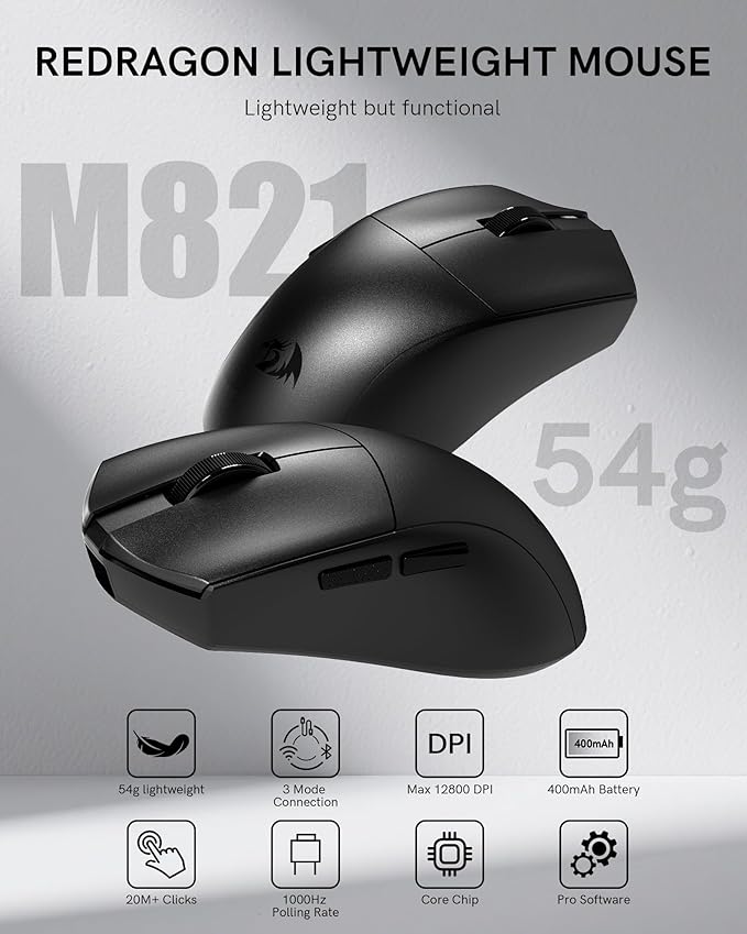 Redragon Wireless Gaming Mouse, 54G Lightweight, Tri-Mode 2.4G/USB C Wired/Bluetooth, Black PC Gaming Mice for Computer Laptop Mac Windows, Max 128000 DPI, 1K Polling, 6 Programmable Buttons, M821