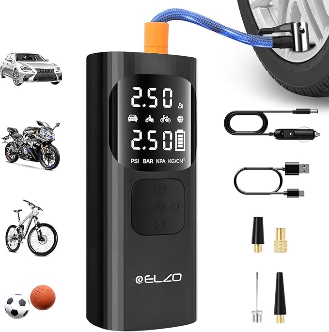 ELZO Tire Inflator Air Compressor, 7500mAh Rechargeable Car Tire Air Pump Portable with Digital Pressure Gauge 150PSI 3X Fast Inflation, Auto Shut Off, Cordless Mini Pump for Motorcycles Bikes Balls