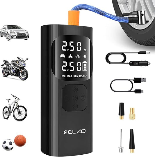 ELZO Tire Inflator Air Compressor, 7500mAh Rechargeable Car Tire Air Pump Portable with Digital Pressure Gauge 150PSI 3X Fast Inflation, Auto Shut Off, Cordless Mini Pump for Motorcycles Bikes Balls