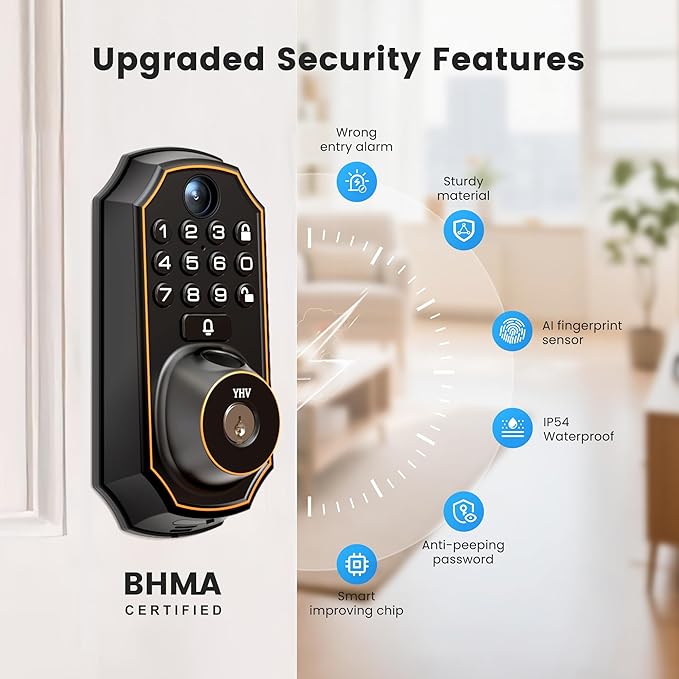 Keyless Entry Door Lock with Camera Electronic Smart Lock Fingerprint Keypad Deadbolt with Code, App Remote Control, Auto Unlock, Wi-Fi Connected, Doorbell for Front Door